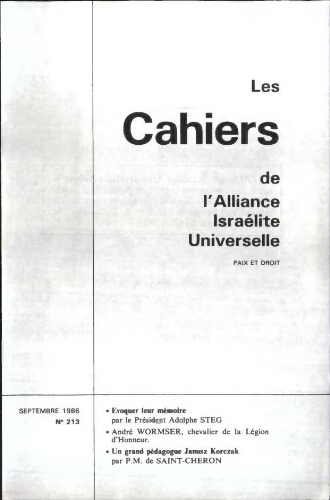Les Cahiers de l'Alliance Israélite Universelle (Paix et Droit).  N°213 (01 sept. 1986)
